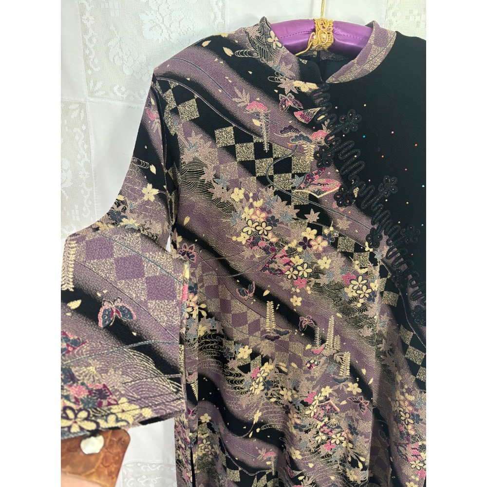 VTG‎ NWT Asian Inspired Black Butterfly Artsy Cheongsam Mini Dress Size L